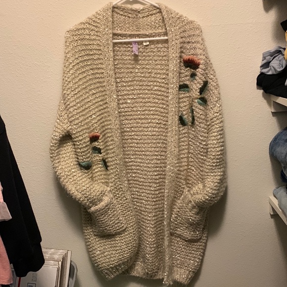 Alya Sweaters - alya repaired tan flower cardigan size small